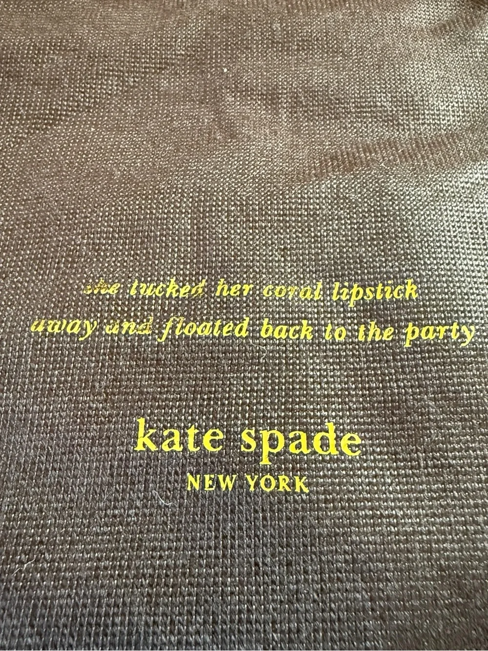 Kate Spade New York brown textured story book bust bag with gold writing 17x19